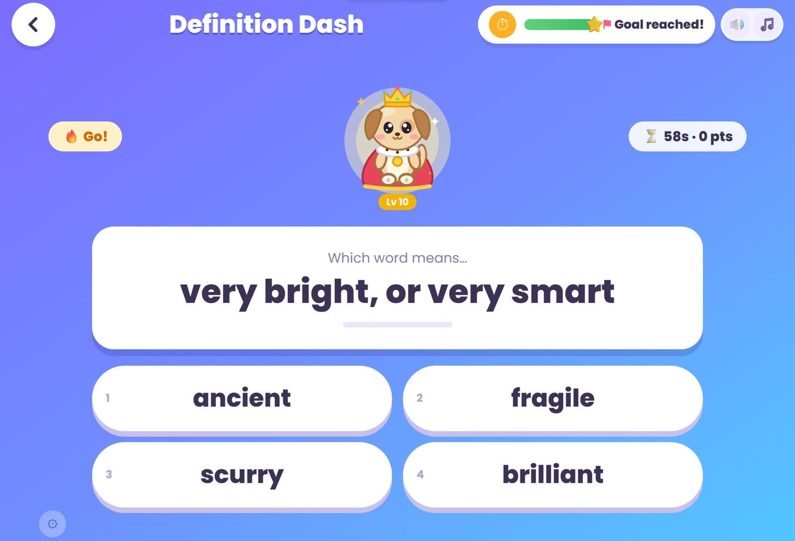 Definition Dash: pick the word that matches the school's definition