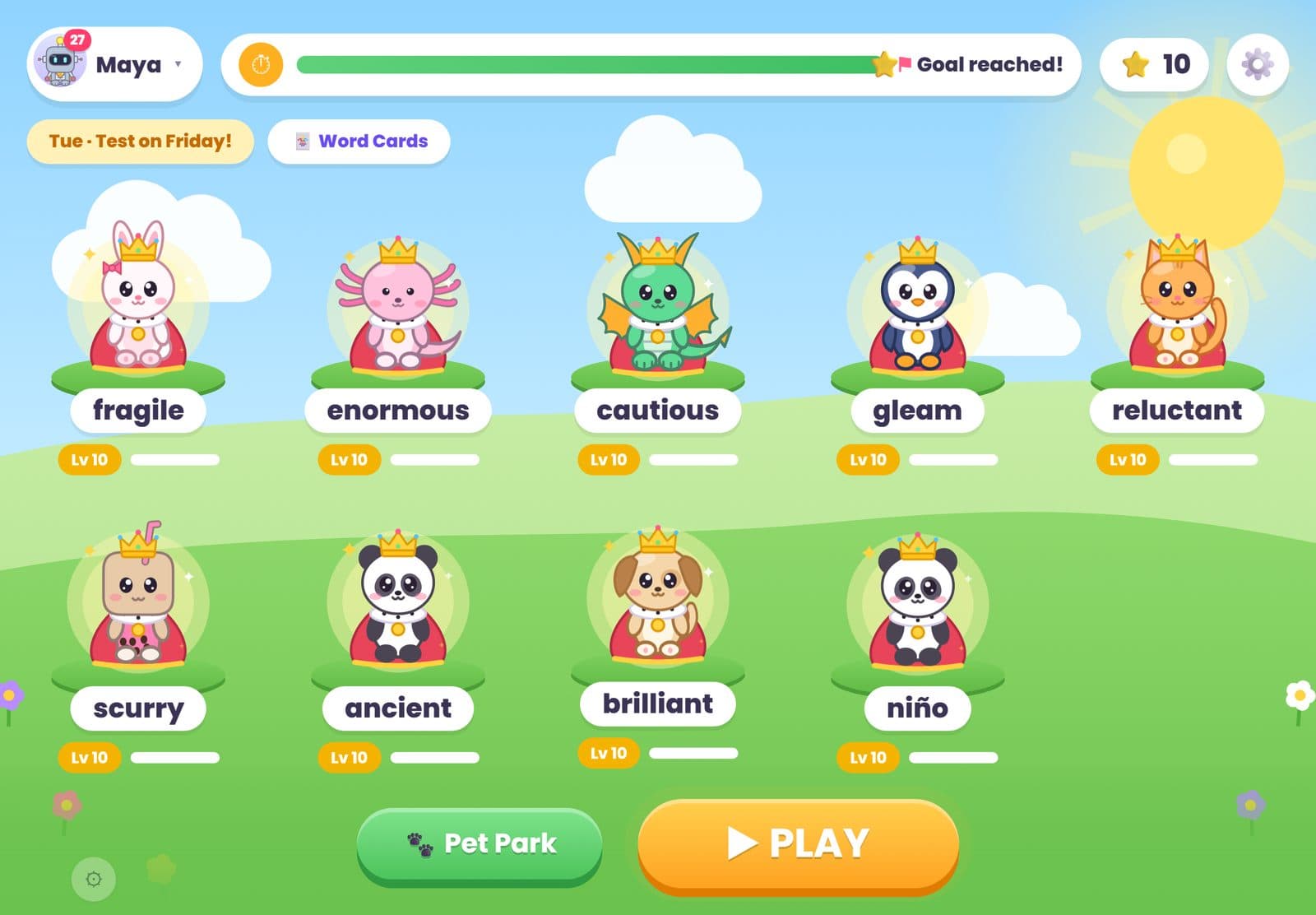 A kid's hub: this week's words as grown pets wearing crowns, a daily goal bar and a big PLAY button